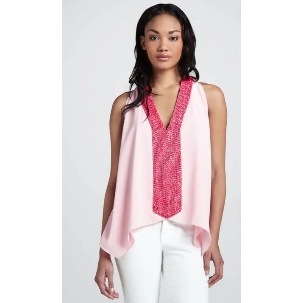 TBags Los Angeles Sz S Heavily Beaded Fl;owy Tank Top Pink Art to Wear Avant Gar